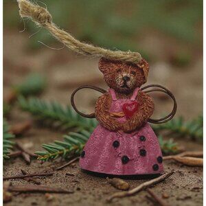 Teddy Bear Angel Mini Christmas Tree Ornament Pink Polka Dot Dress Rustic